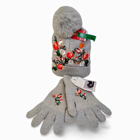 Vibrant Grey Knit Orange Floral Embroidered Crystal Beanie & Glove Set TT1550 - Picture 2 of 6